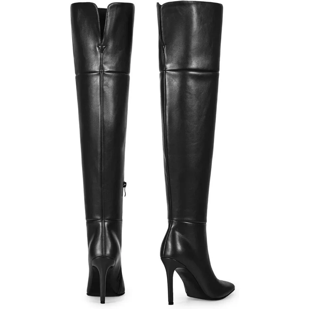 🆕Womens Black Faux Leather Ponited Toe Zipper up Thigh High Stiletto Heel Boot